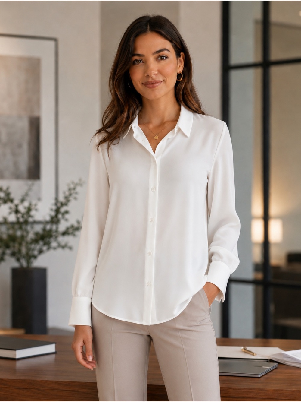Halogen White Button-Down Long Sleeve Shirt office wear timeless corporate